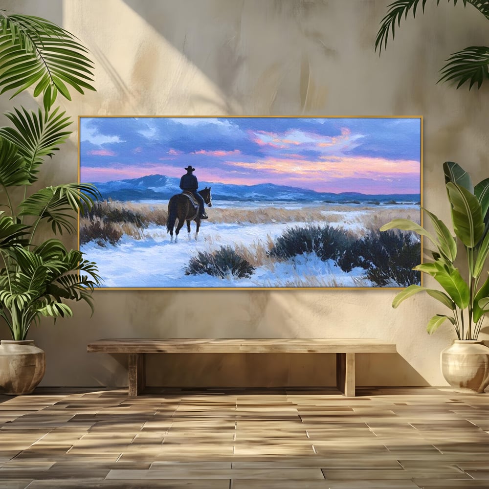 Tablou canvas cu pictura cu calaret cowboy in zapada, in rama de aluminiu auriu